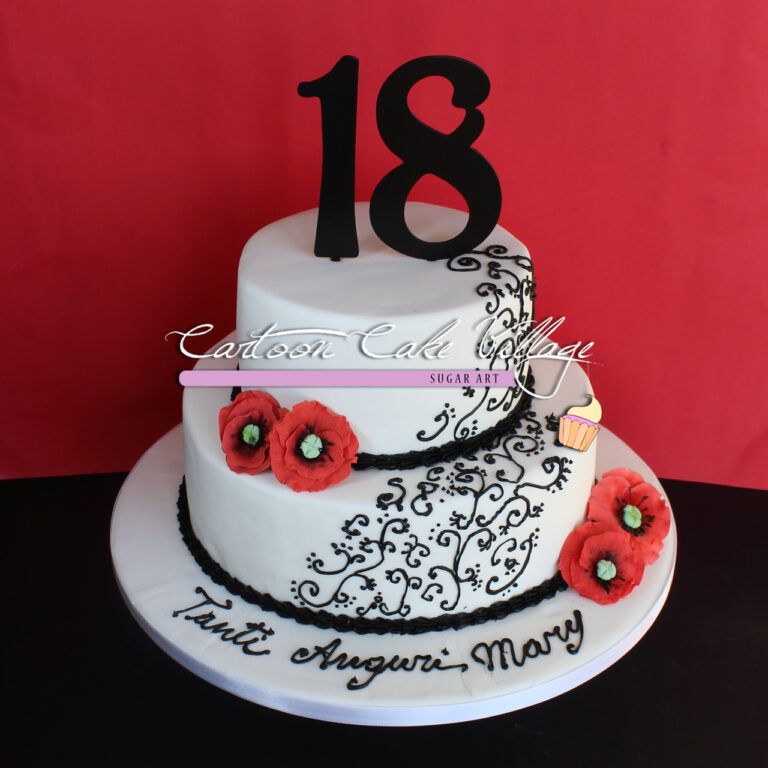 Torta 18 anni papaveri bianca nera